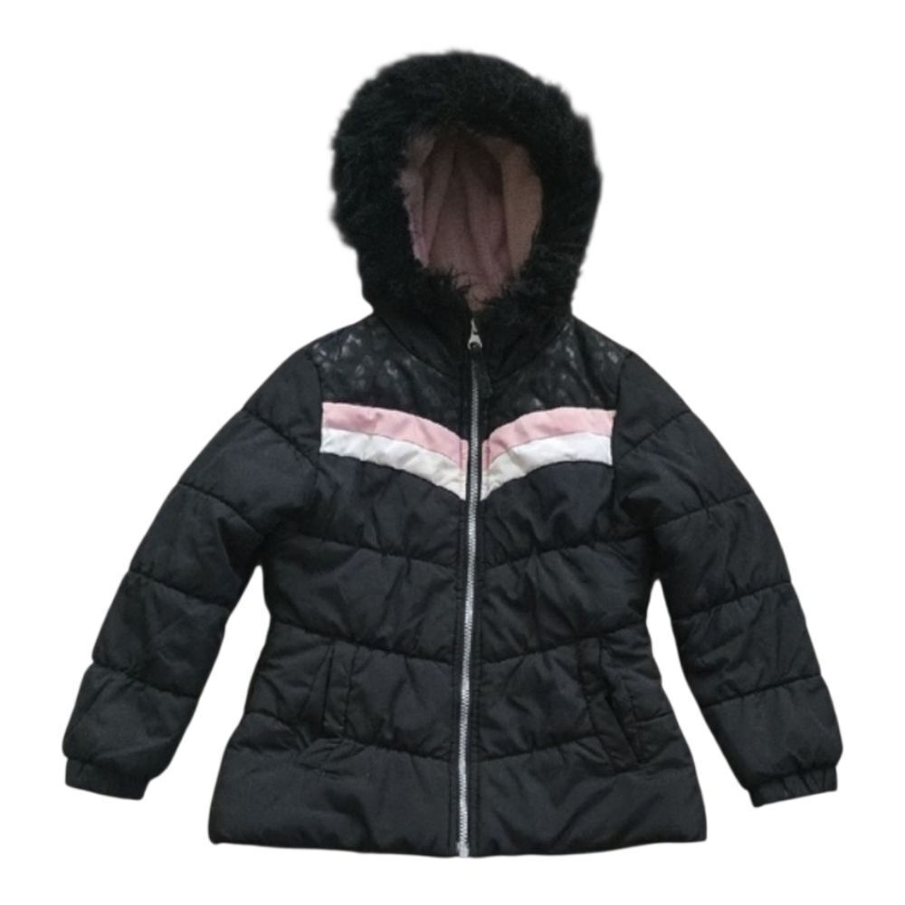 London Fog Black and Pink Girls' Puffer Jacket with Faux Fur Hood